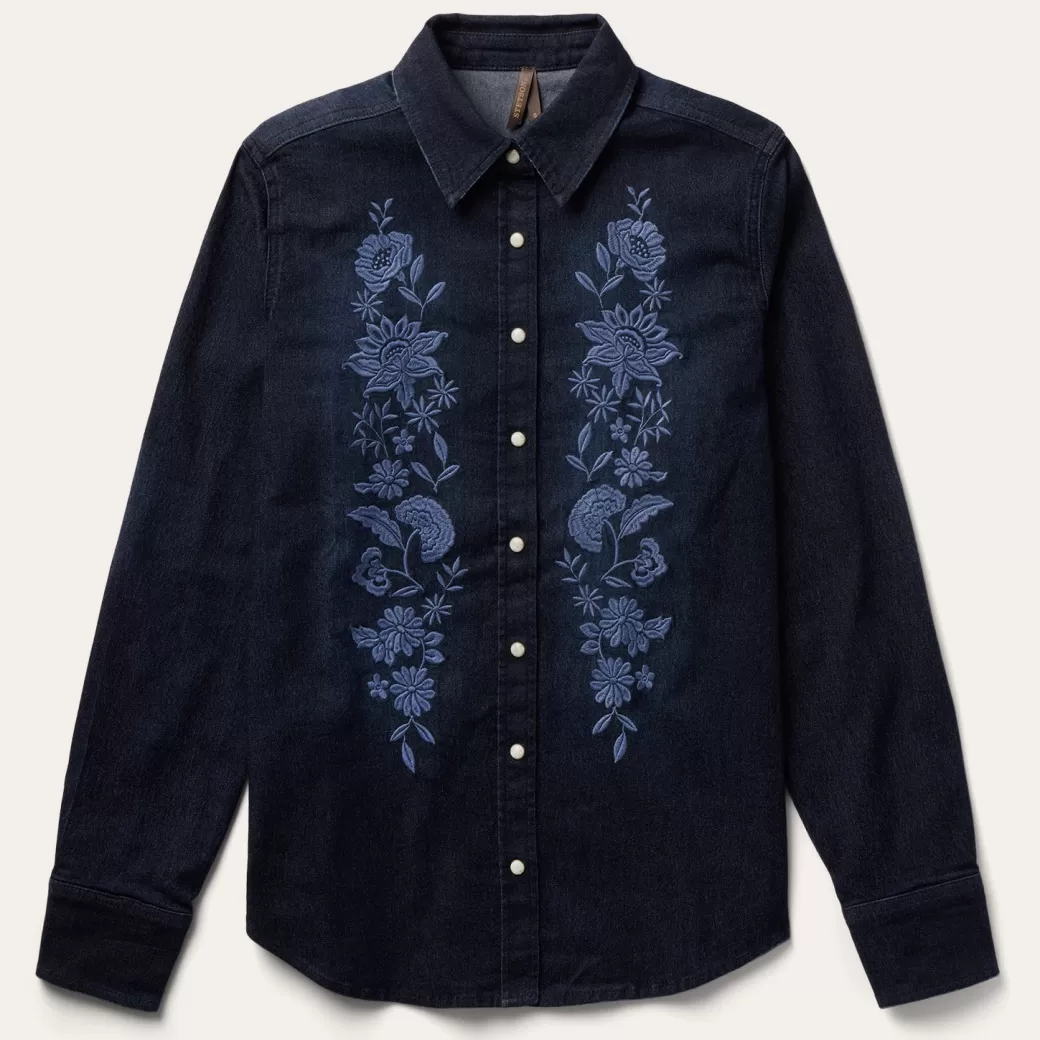 Embroidered Dark Denim Snap Front Blouse | Stetson Shop