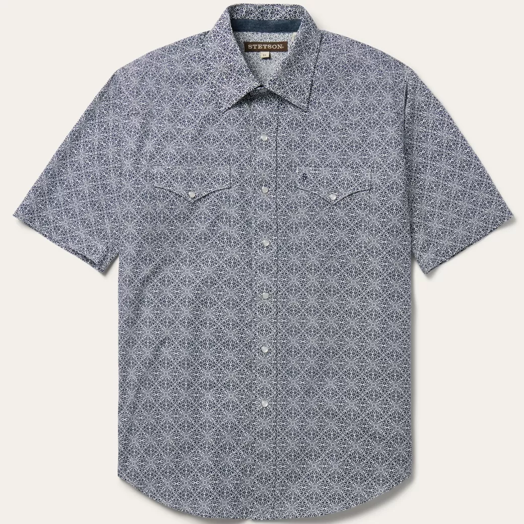 Navy Print Short Sleeve Western Shirt | Stetson Cheap