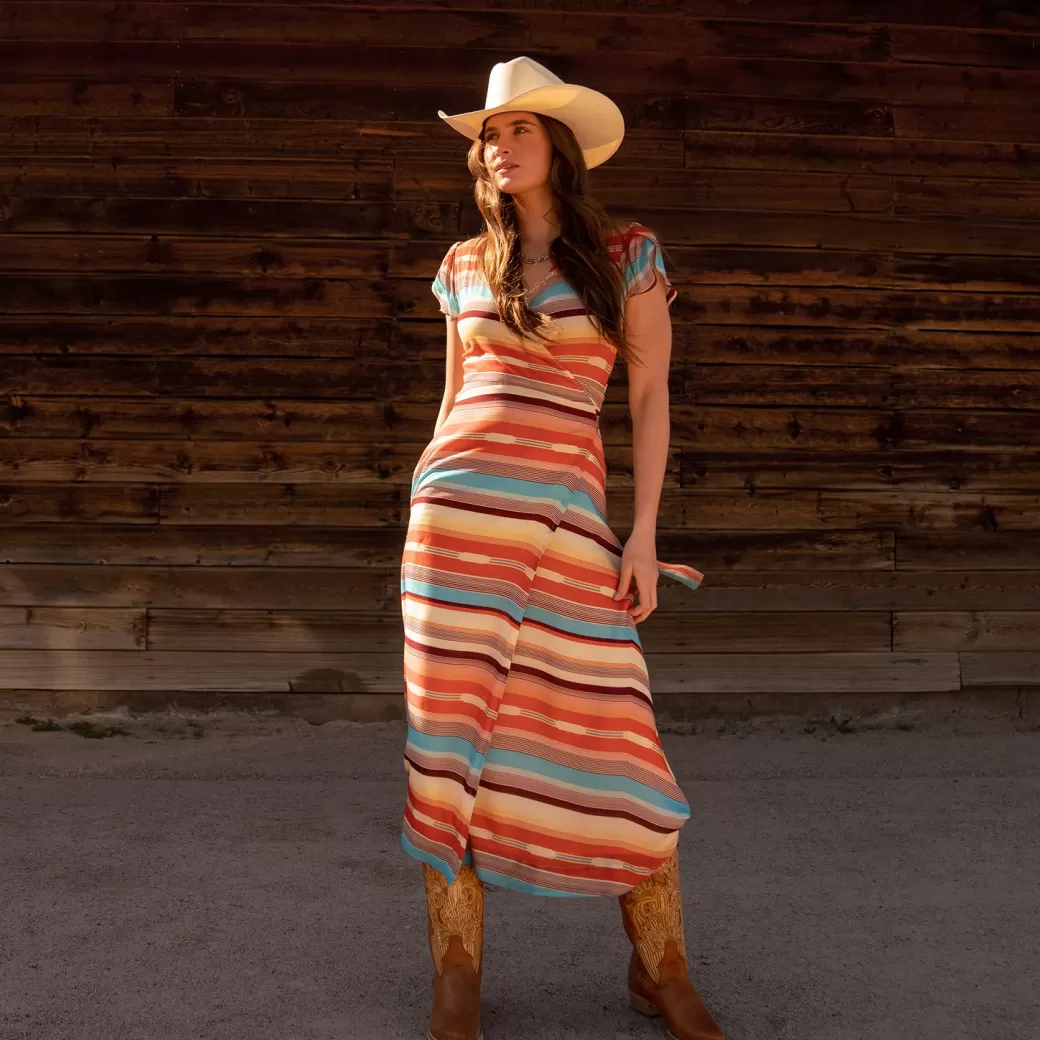 Sunset Serape Print Rayon Herringbone Wrap Front Dress | Stetson Fashion